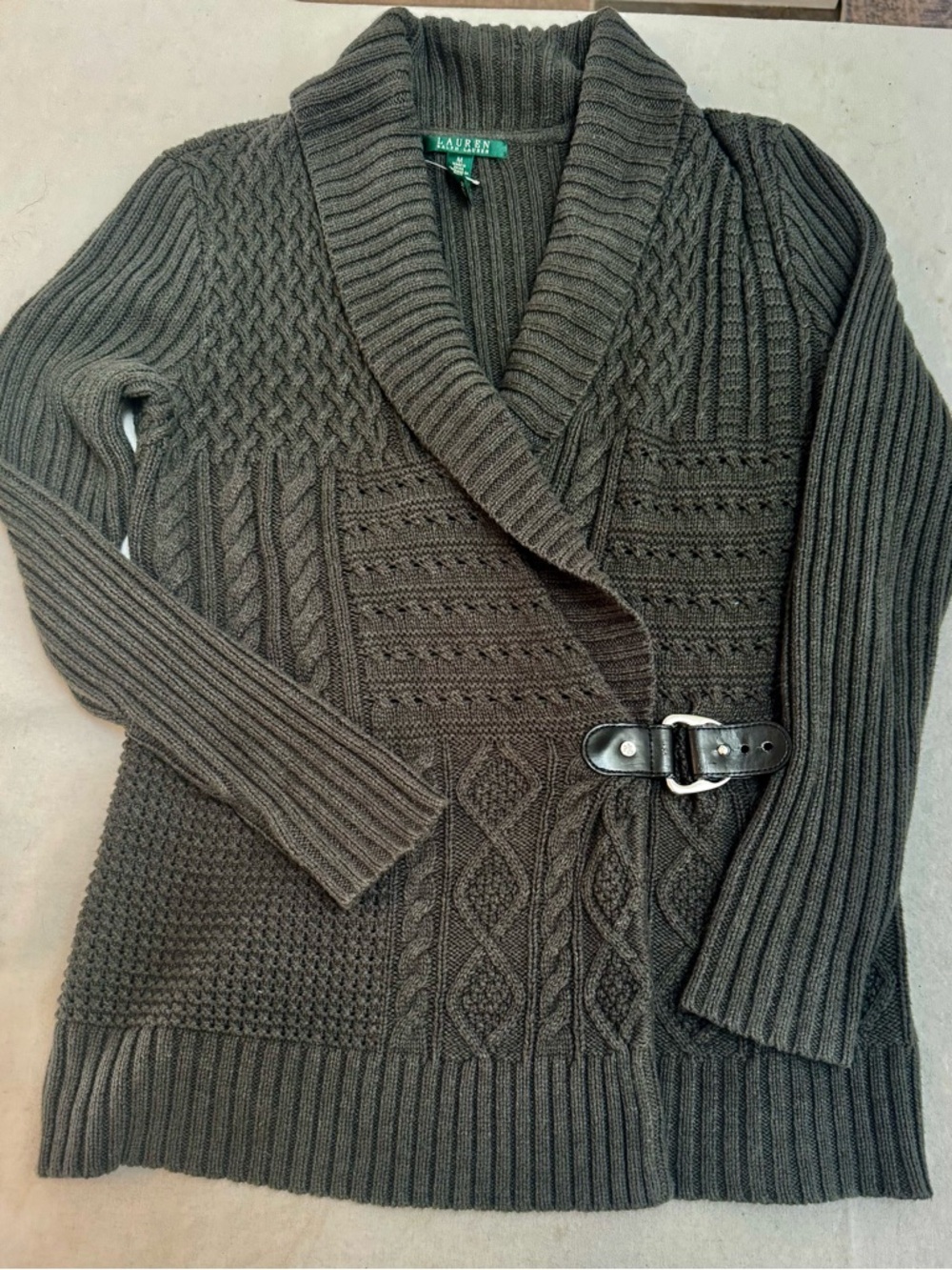 Lauren Ralph Lauren Olive Green Shawl-Collar Cable Knit Cardigan
